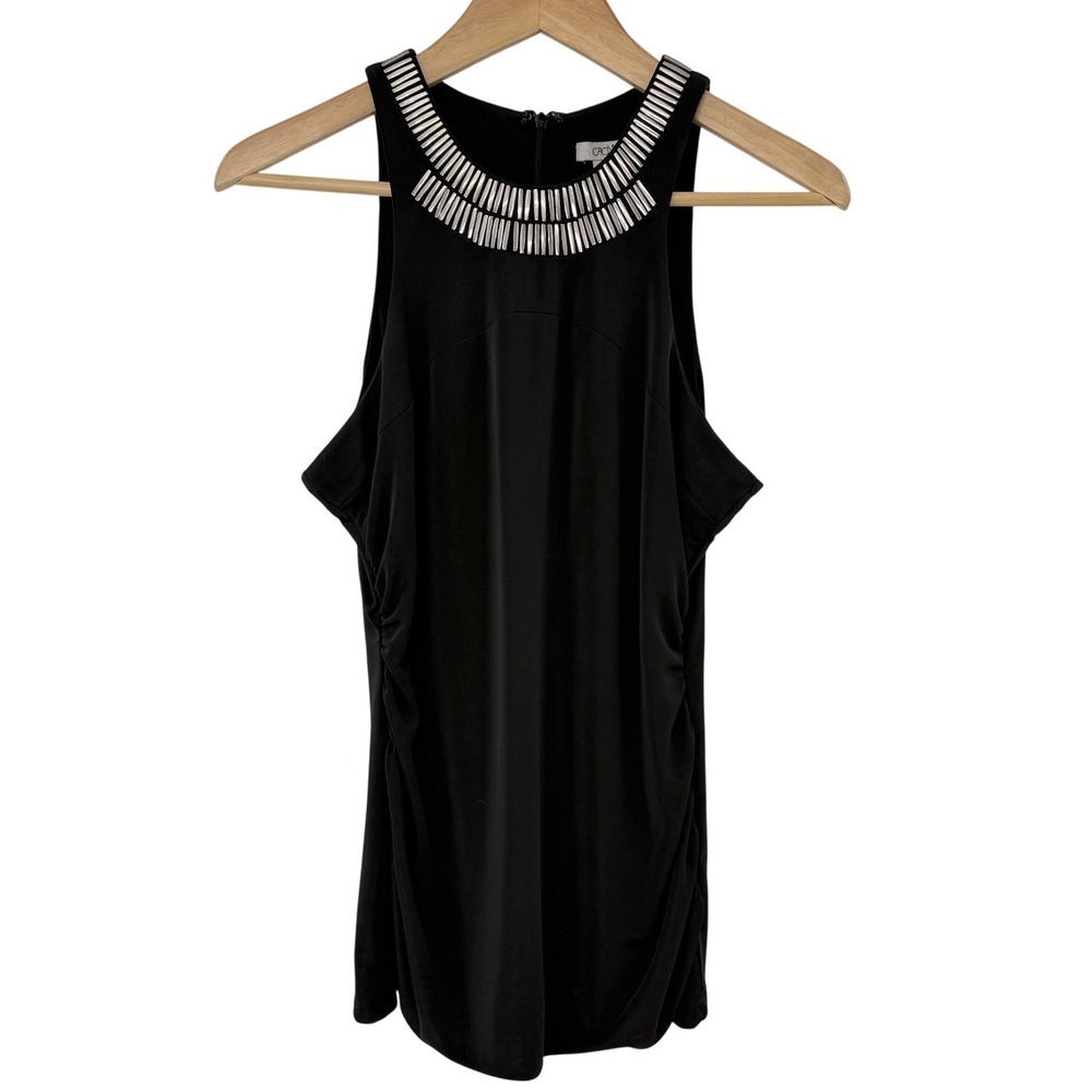 Cache Black Embellished Neckline Sleeveless Ruched Side Tank Top Women's‎ Size S